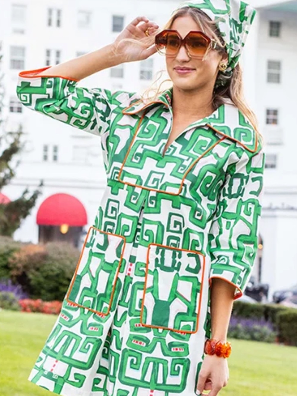 House of MBR CASSIDY short dress with 3/4 sleeves Green Geo-Print